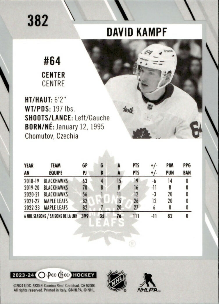 2023-24 Upper Deck O-Pee-Chee Hockey - Base #382 David Kampf - Toronto Maple Leafs - B