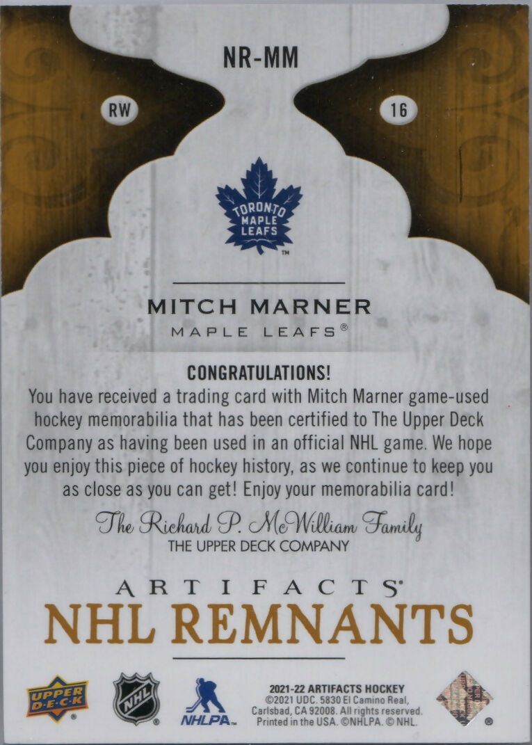 2021-22 Upper Deck Artifacts Hockey - NHL Remnants #NR-MM Mitch Marner - Toronto Maple Leafs - B