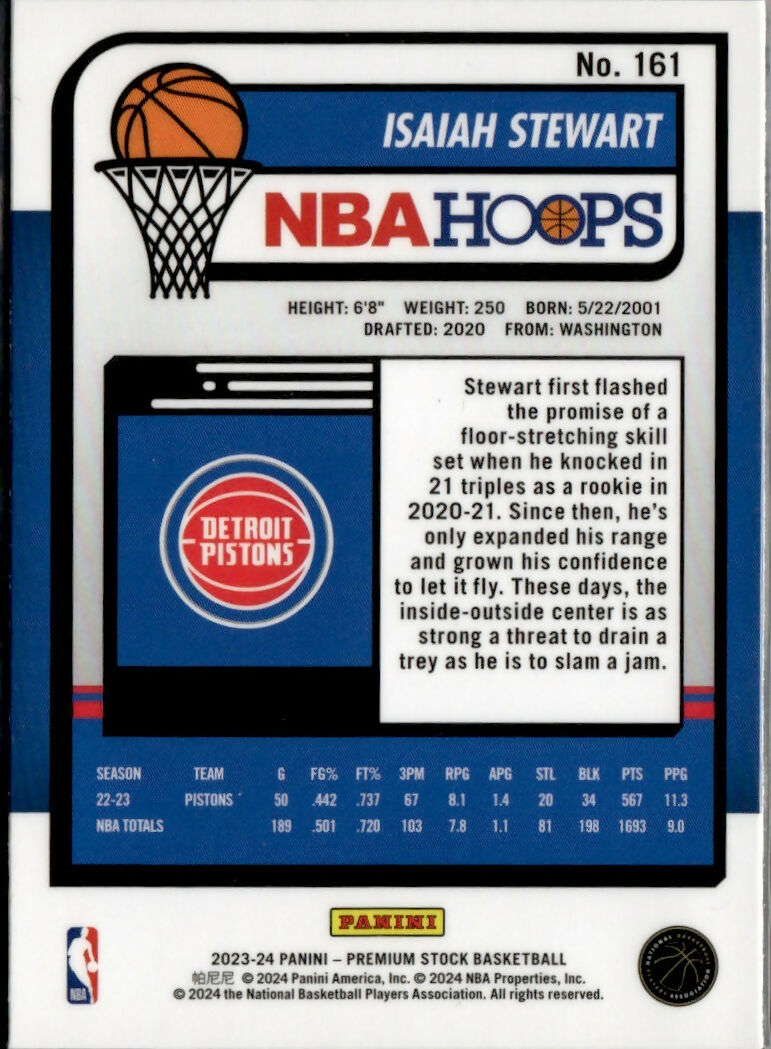 2023-24 Panini NBA Hoops Premium Stock - Base #161 Isiah Stewart - Detroit Pistons - B