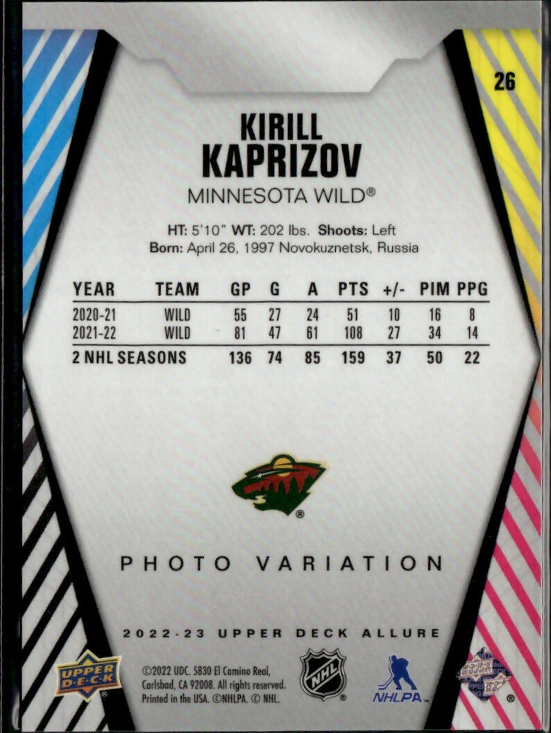 2022-23 Upper Deck Allure Hockey - Base - Photo Variation #26 Kirill Kaprizov - Minnesota Wild