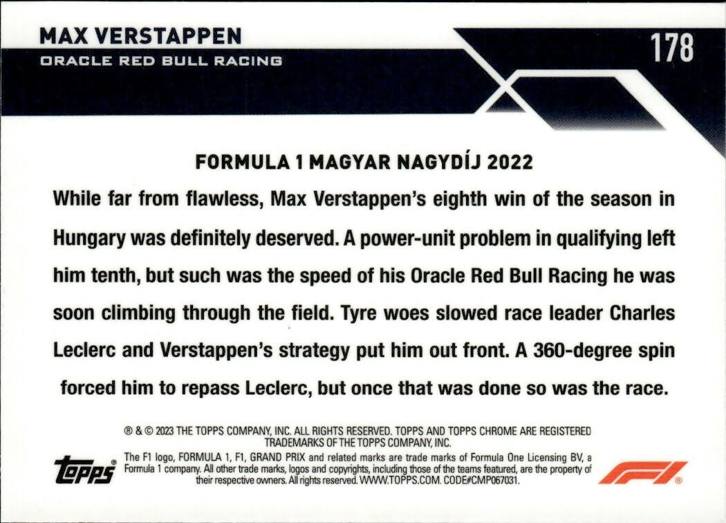 2023 Topps Chrome Formula 1 Base #178 - Grand Prix Driver Of The Day - Refractor - Mini Diamond :299 Max Verstappen - Oracle Red Bull Racing - B