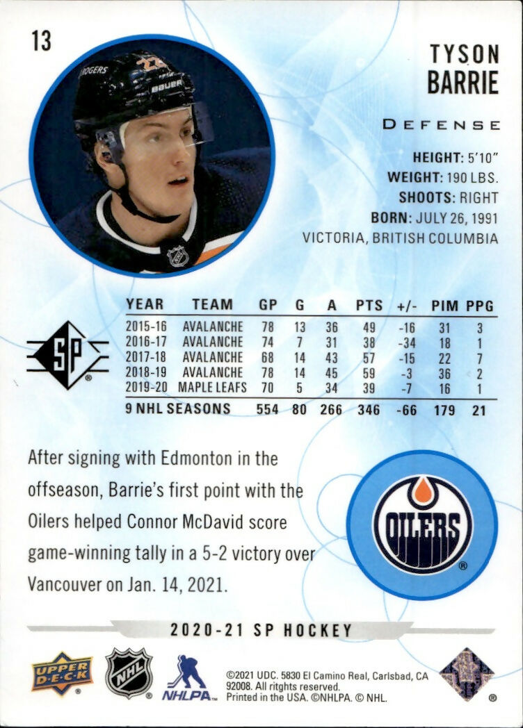 2020-21 Upper Deck SP Authentic Hockey - Base - Blue #13 Tyson Barrie - Edmonton Oilers - B