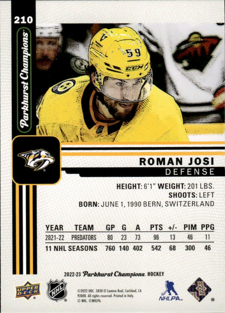 2022-23 Upper Deck Parkhurst Champions - Base #210 Roman Josi - Nashville Predators