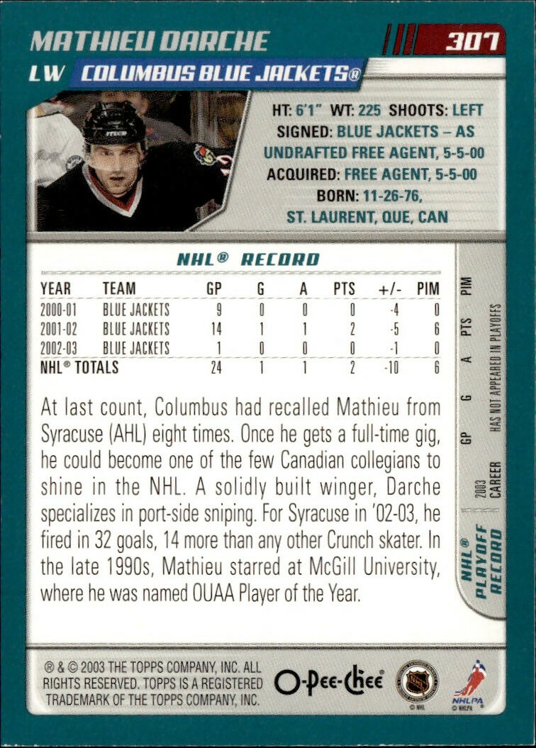 2003-04 O-Pee-Chee - Base #307 Mathieu Barche - Columbus Blue Jackets - B