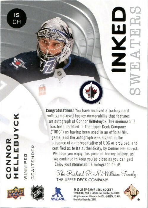 2023-24 Upper Deck SP Game Used Hockey - Inked Sweaters - Auto :25 #IS-CH Connor Hellebuyck - Winnipeg Jets - B