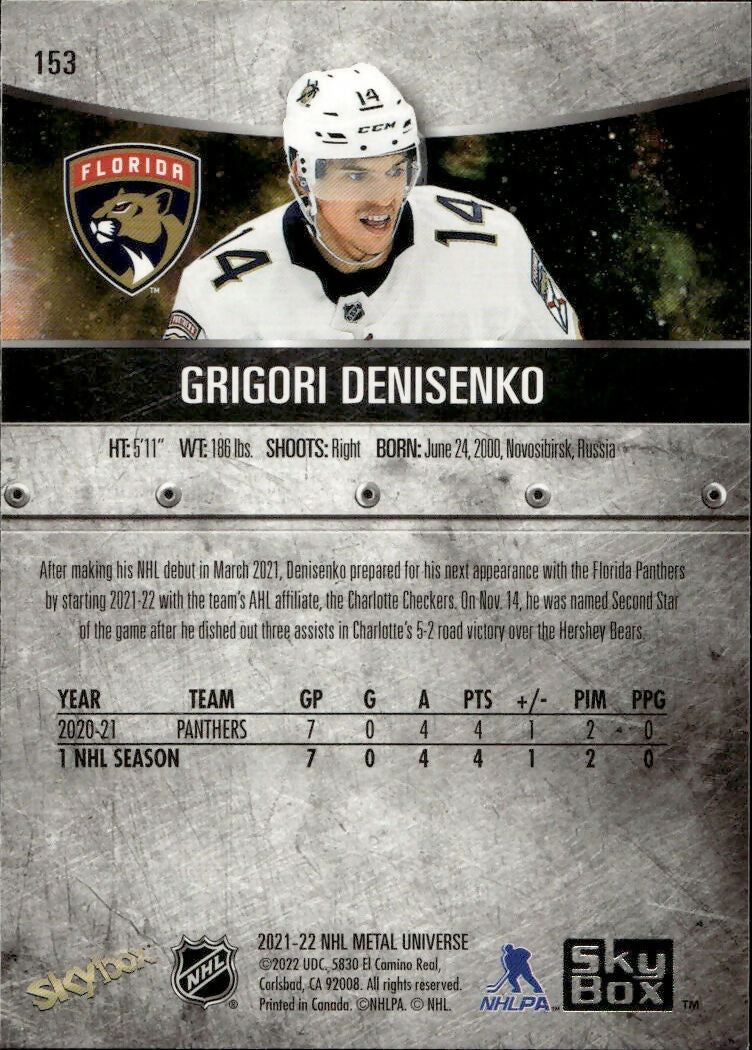 2021-22 Upper Deck Skybox Metal Universe - Base - Rookies #153 Grigori Denisenko - Florida Panthers - B