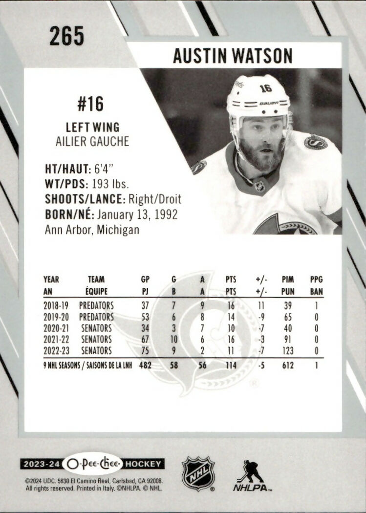 2023-24 Upper Deck O-Pee-Chee Hockey - Base #265 Austin Watson - Ottawa Senators