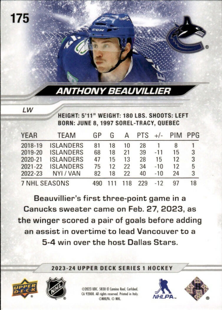 2023-24 Upper Deck Series 1 Hockey - Base #175 Anthony Beauvillier - Vancouver Canucks