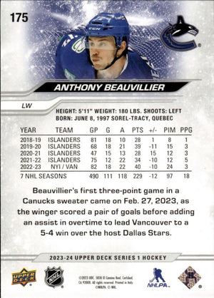 2023-24 Upper Deck Series 1 Hockey - Base #175 Anthony Beauvillier - Vancouver Canucks