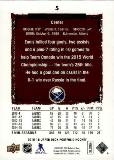 2015-16 Upper Deck Portfolio Hockey - Base #5 Tyler Ennis - Buffalo Sabres