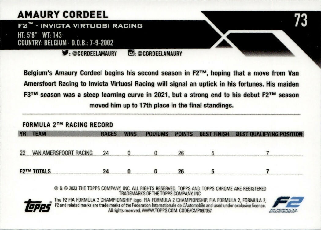 2023 Topps Chrome Formula 1 Base #73 - F2 Drivers Amaury Cordeel - F2 Invicta Virtuosi Racing - B