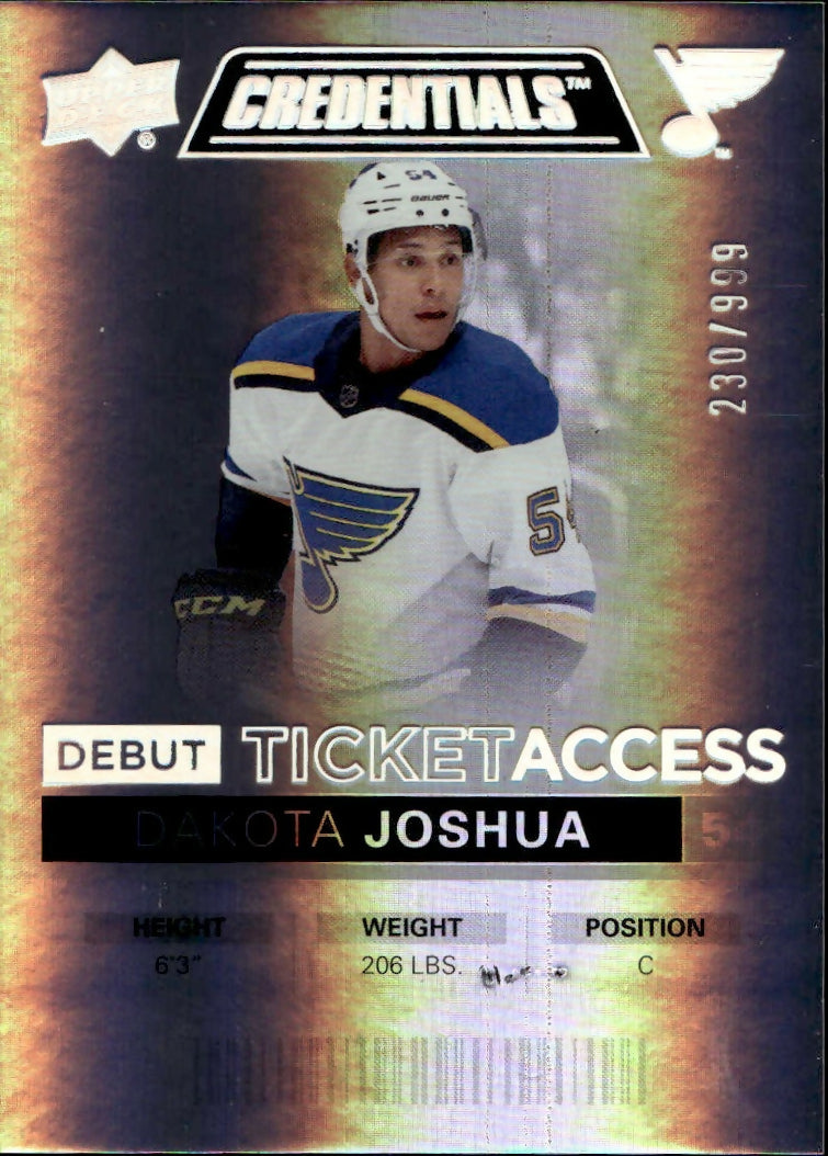 2021-22 Upper Deck Credentials - Base - Debut Ticket Access :999 #88 Dakota Joshua - St. Louis Blues - A