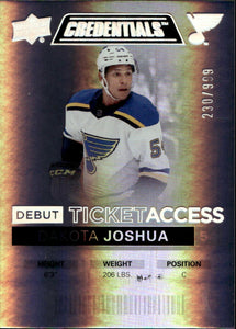 2021-22 Upper Deck Credentials - Base - Debut Ticket Access :999 #88 Dakota Joshua - St. Louis Blues - A