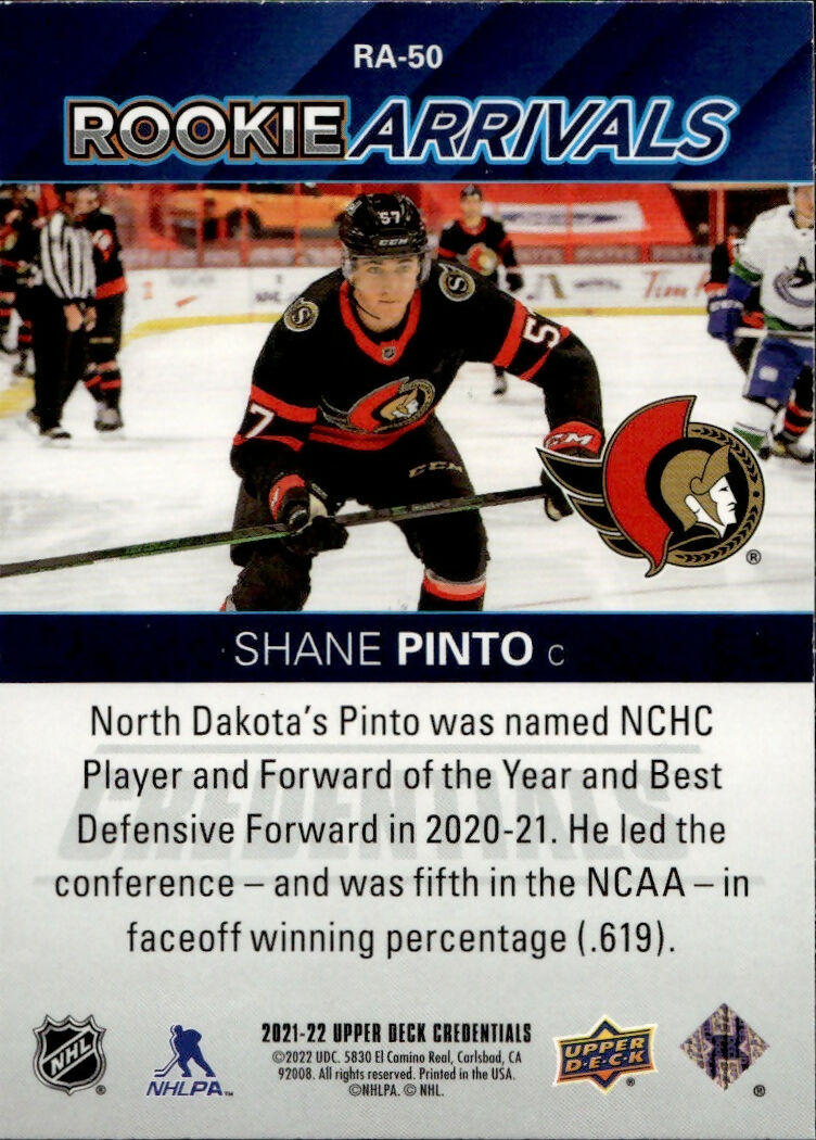 2021-22 Upper Deck Credentials Hockey - Rookie Arrivals #RA-50 Shane Pinto - Ottawa Senators - B
