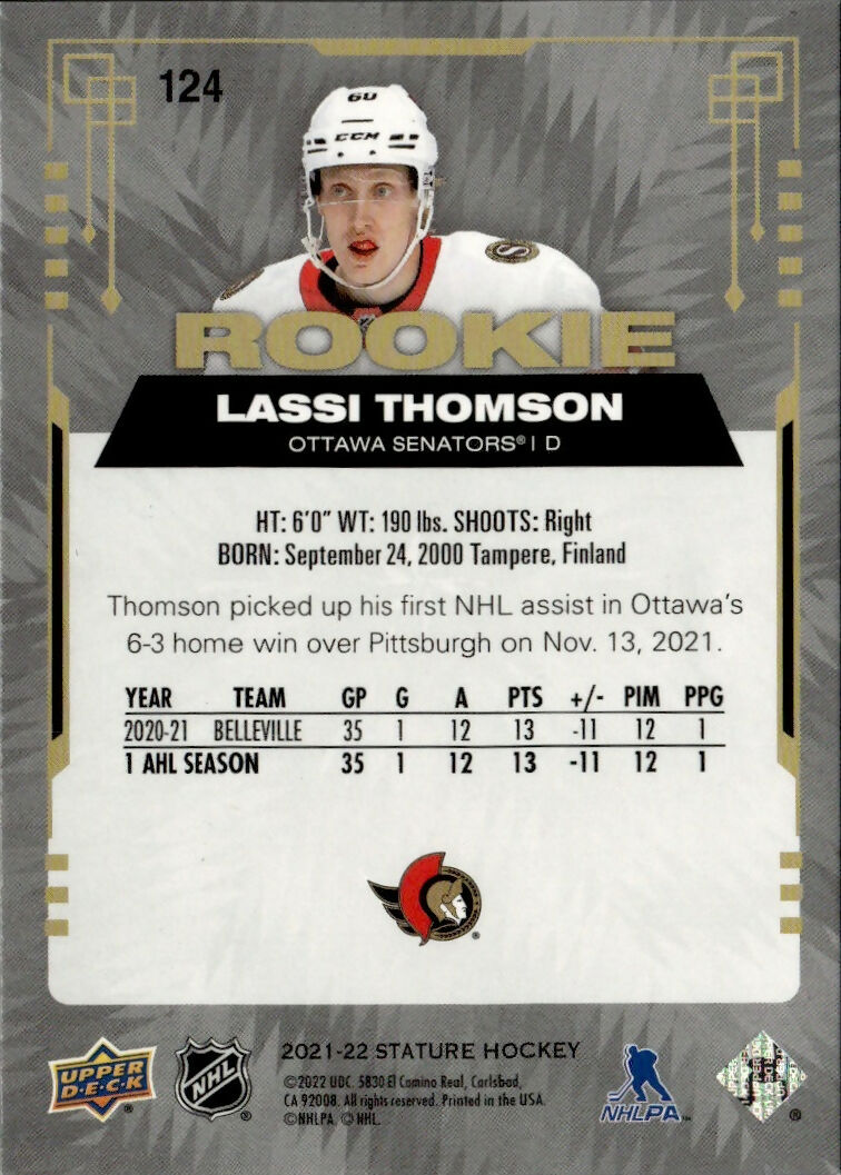 2021-22 Upper Deck Stature Hockey - Base - Rookie - Green :66 #124 Lassi Thomson - Ottawa Senators - B