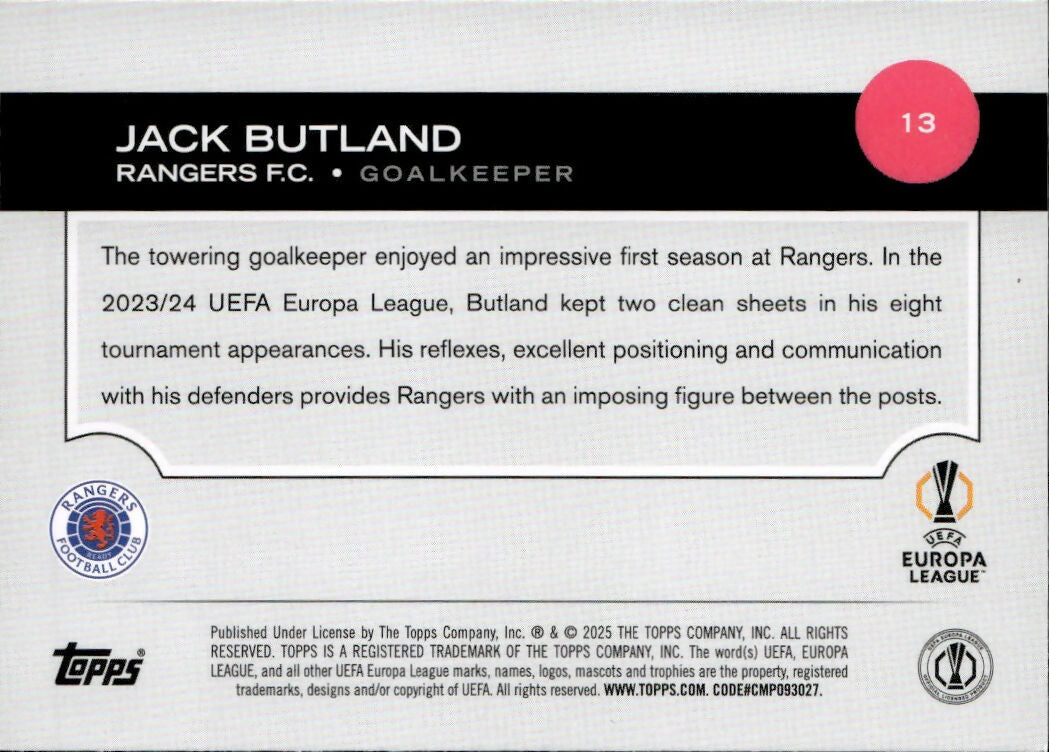2024-25 Topps UEFA Club Competitions - Base #13 Jack Butland - Rangers F.C. - B