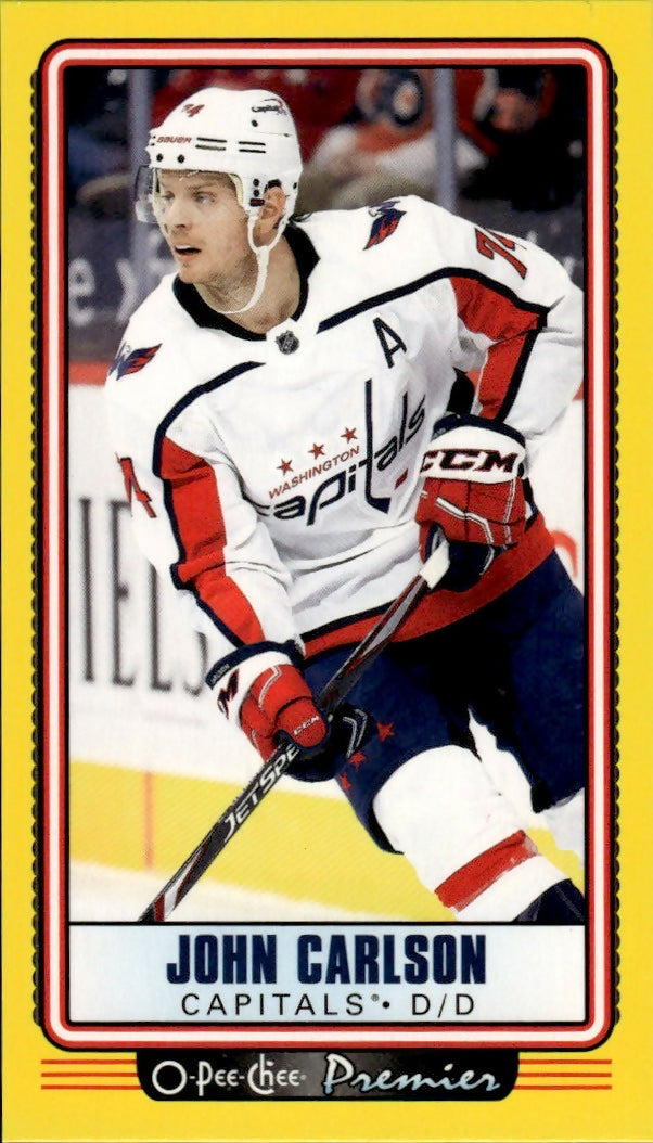 2021-22 Upper Deck Series 2 - O-Pee-Chee Update - Premier Tallboys - Yellow Boarder #P-15 John Carlson - Washington Capitals - A