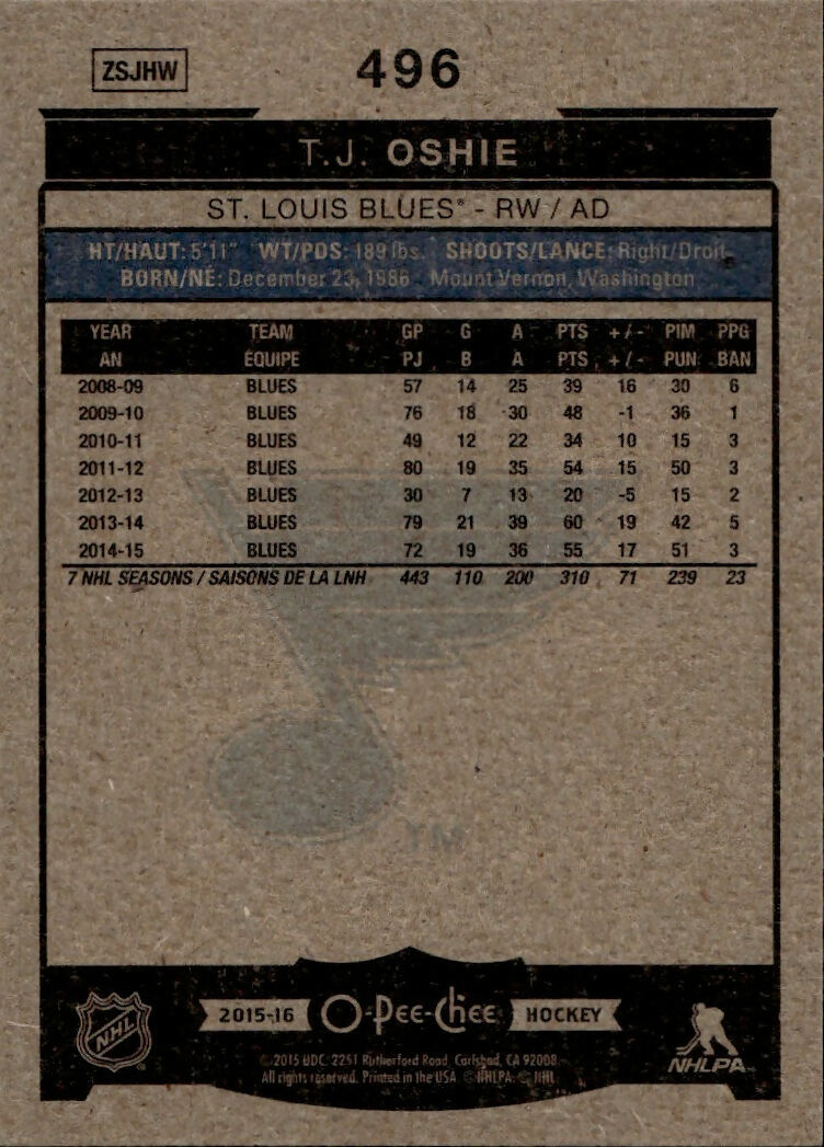 2015-16 Upper Deck O-Pee-Chee Hockey - Base #496 T.J. Oshie - St. Louis Blues