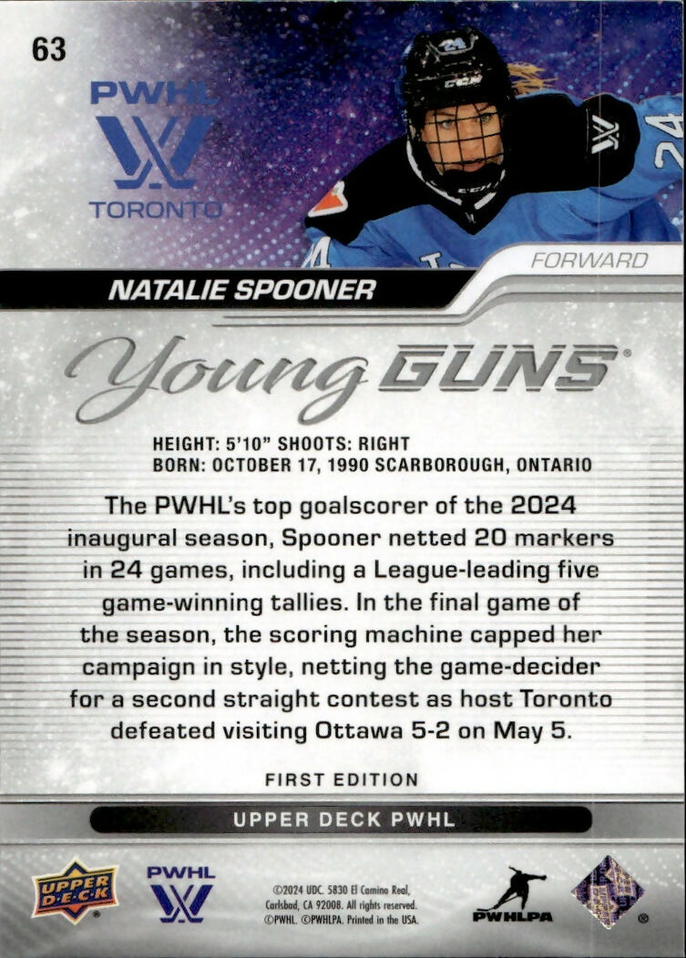 2024-25 Upper Deck PWHL Hockey - Base - Young Guns #63 Natalie Spooner - Toronto Sceptres - B