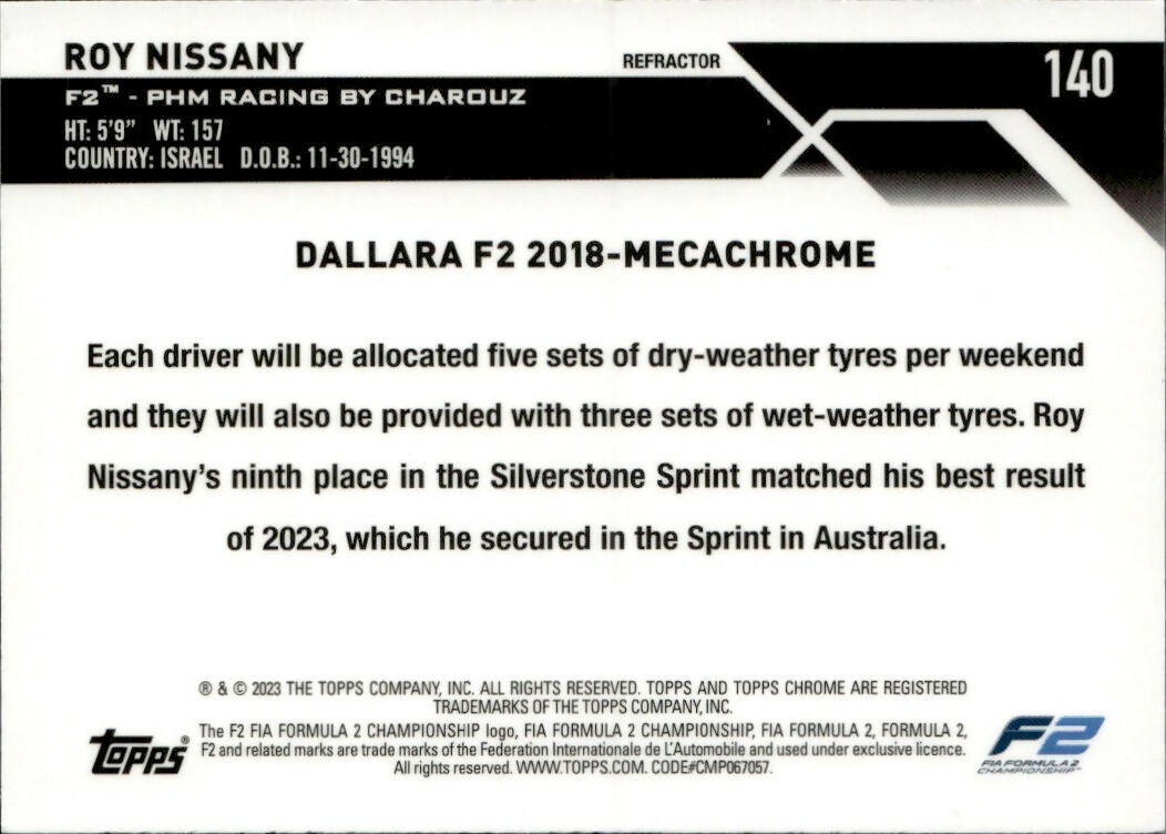 2023 Topps Chrome Formula 1 Base #140 - F2 Cars - Refractors Roy Nissany - F2 PHM Racing By Charouz - B