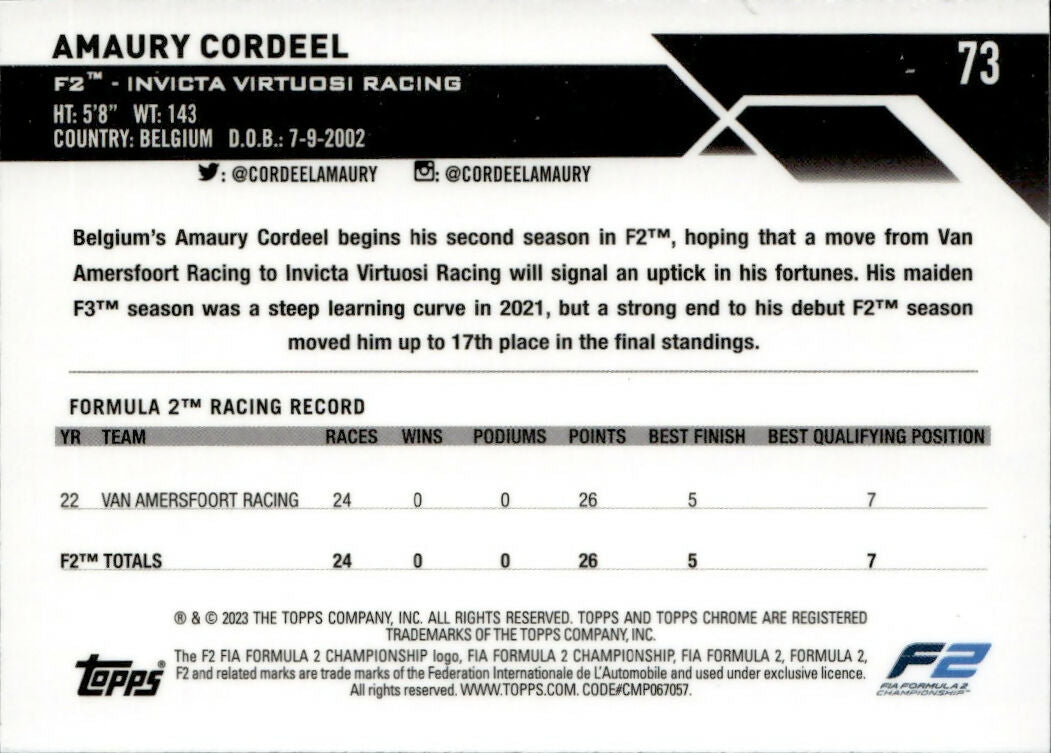 2023 Topps Chrome Formula 1 Base #73 - F2 Drivers - Refractor - Checker Flag X-factor Amaury Cordeel - F2 Invicta Virtuosi Racing - B
