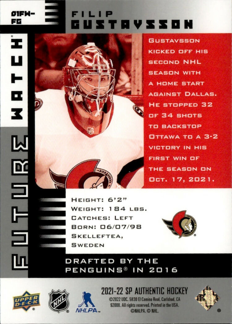 2021-22 Upper Deck SP Authentic Hockey - 2001-02 Future Watch Retro :900 #01FW-FG Filip Gustavsson - Ottawa Senators - B