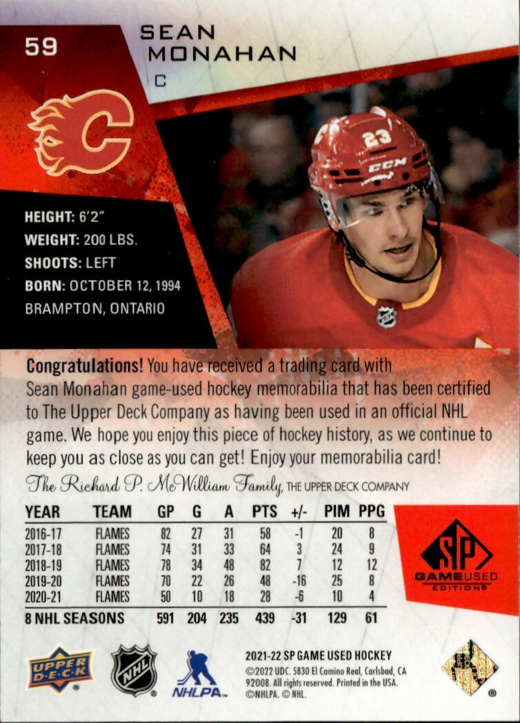 2021-22 Upper Deck SP Game Used Hockey - Base - Red Jerseys #59 Sean Monahan - Calgary Flames - B