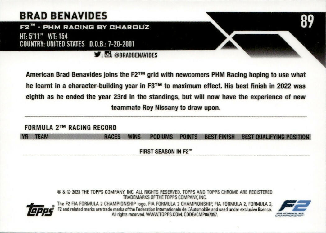 2023 Topps Chrome Formula 1 Base #89 - F2 Drivers Brad Benavides - F2 PHM Racing By Charouz - B