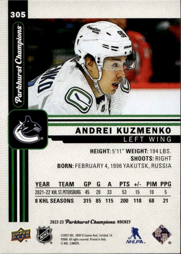 2022-23 Upper Deck Parkhurst Champions - Base #305 Andrei Kuzmenko - Vancover Canucks - B