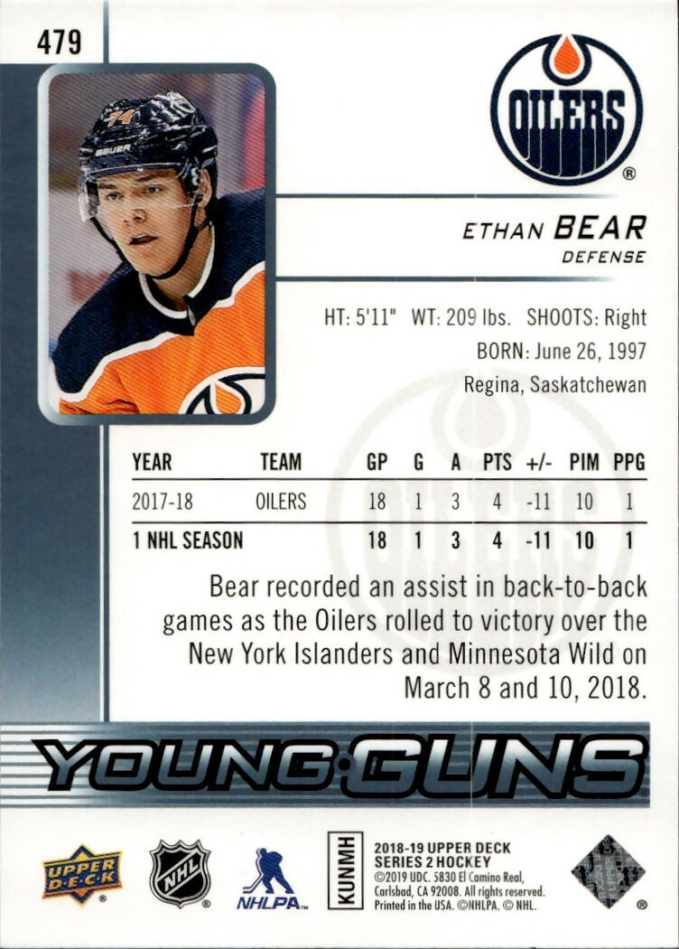 2018-19 Upper Deck Series 2 Hockey - Base - Young Guns #479 Ethan Bear - Edmonton Oilers