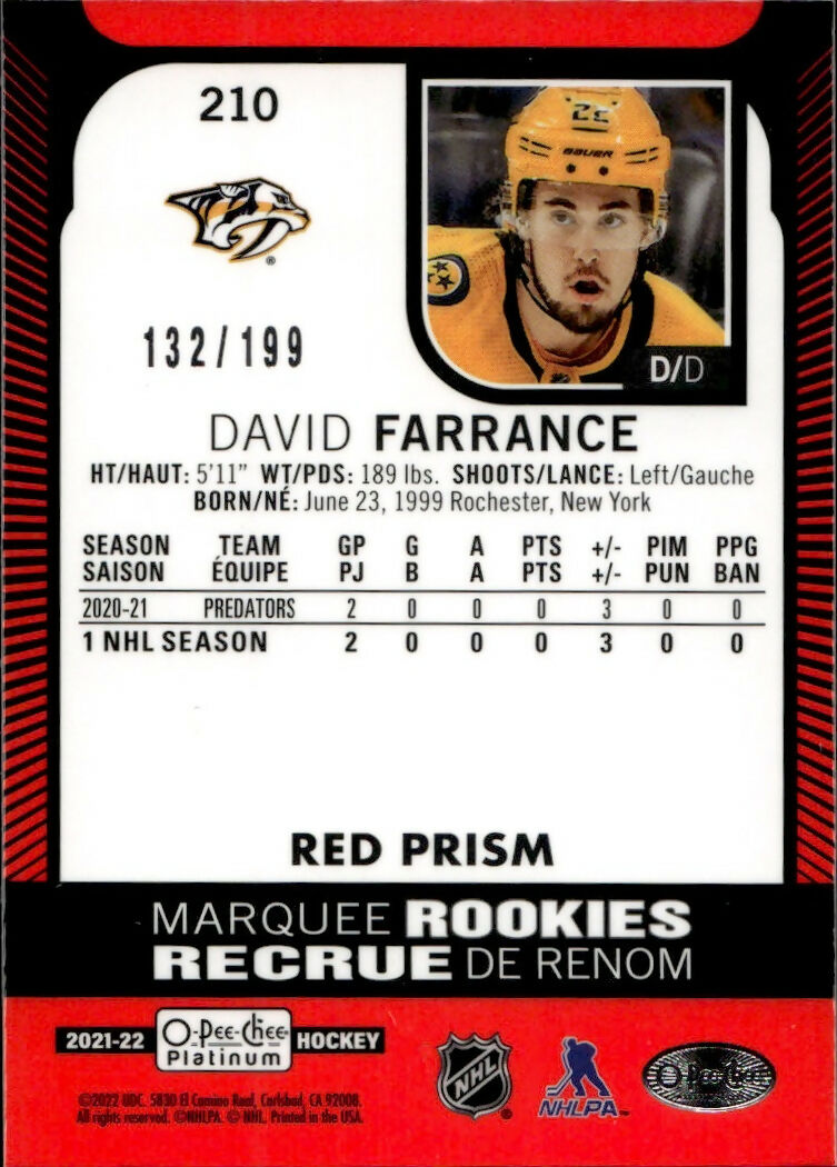 2021-22 Upper Deck O-Pee-Chee Platinum Hockey - Base - Red Prizm :199 #210 David Farrance - Nashville Predators - B
