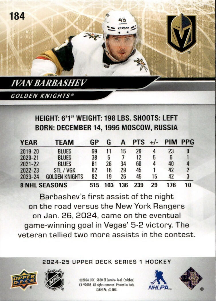 2024-25 Upper Deck Series 1 Hockey - Base #184 Ivan Barbashev - Vegas Golden Knights - B