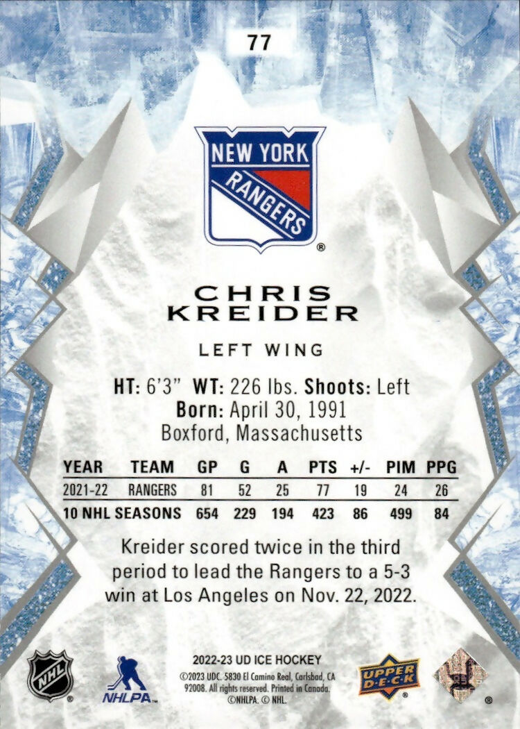 2022-23 Upper Deck Ice Hockey - Base #77 Chris Kreider - New York Rangers