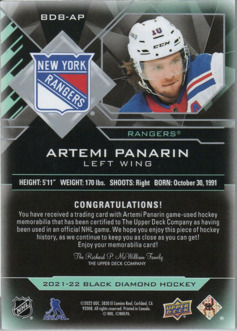 2021-22 Upper Deck Black Diamond Hockey - Base - Premium Relics /25 #BDB-AP Artemi Panarin - New York Rangers