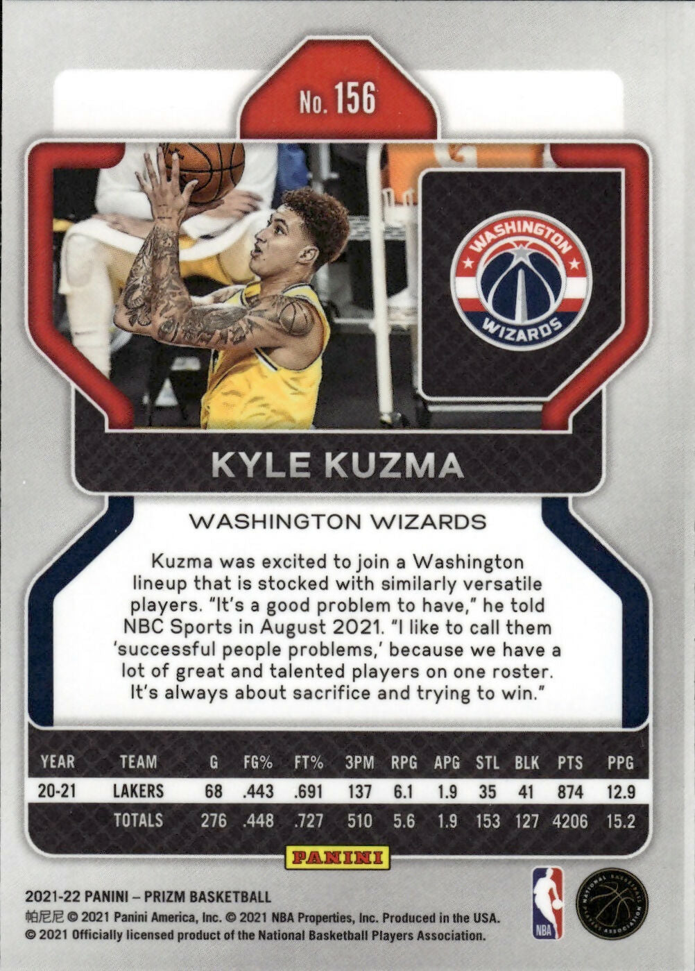 2021-22 Panini Prizm Basketball - Base # 156 Kyle Kuzma - Washington Wizards