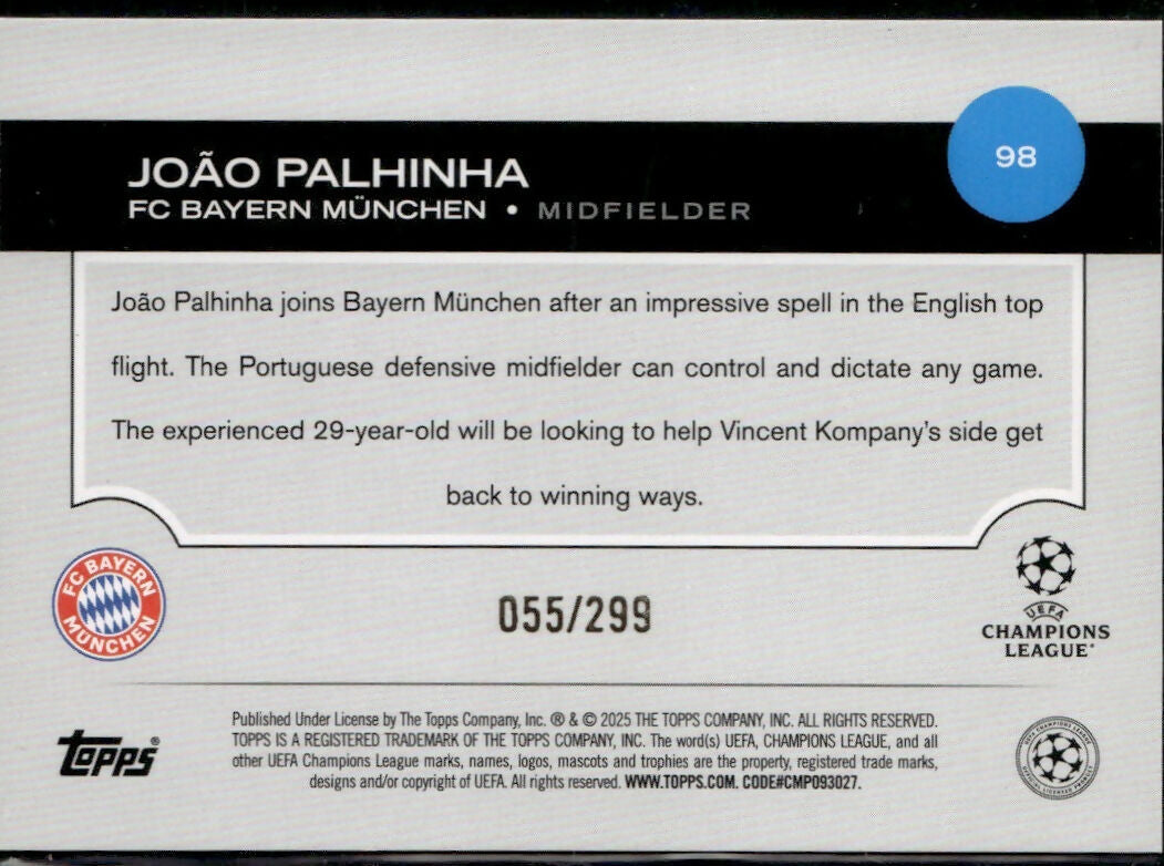 2024-25 Topps UEFA Club Competitions - Base - Purple Inferno :299 #98 Joao Palhinha - FC Bayern Muchen - B