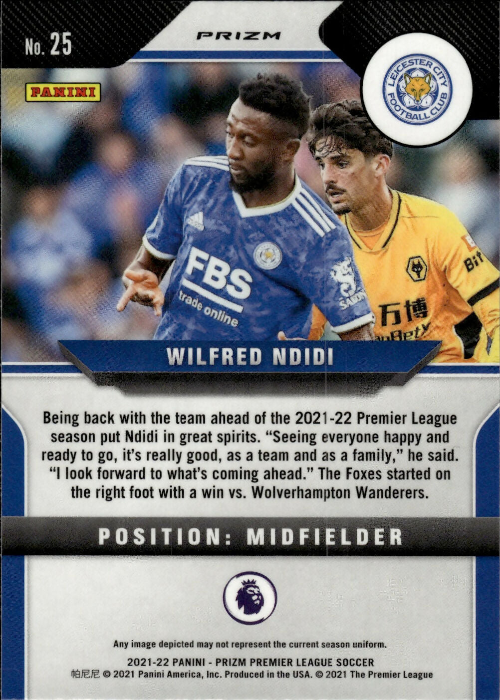 2021-22 Panini Prizm Premier League Soccer - Hyper Base #25 Wilfred Ndidi - Leicester City