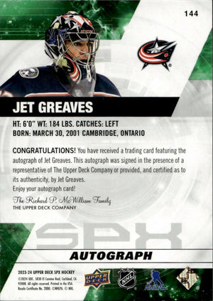 2023-24 Upper Deck SPX Hockey - Base - Autograph #144 Jet Greaves - Columbus Blue Jackets - B
