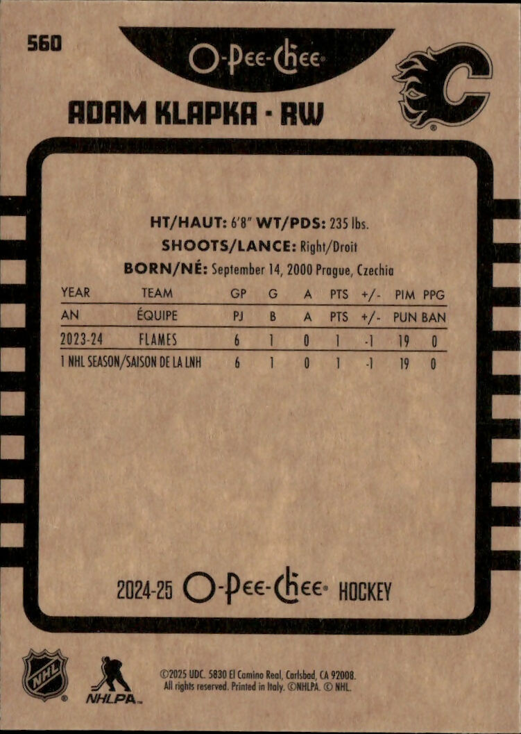 2024-25 Upper Deck O-Pee-Chee - Base - Retro #560 Adam Klapka - Calgary Flames - B