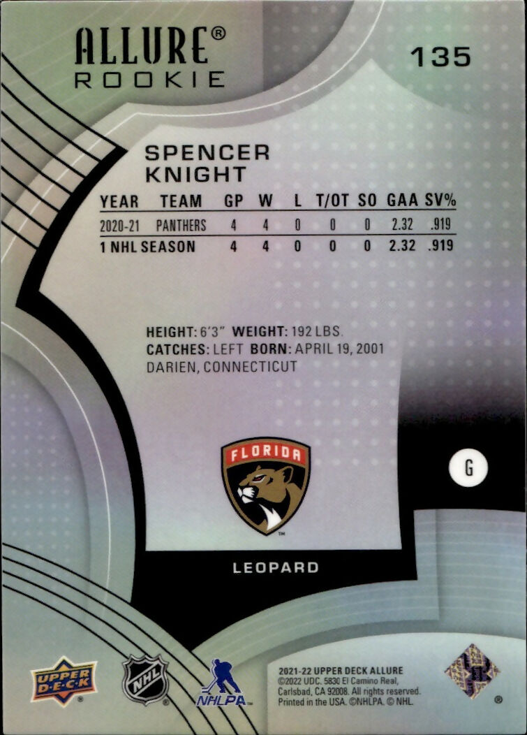 2021-22 Upper Deck Allure Hockey - Base - Rookie - Leopard #135 Spencer Knight - Florida Panthers - B