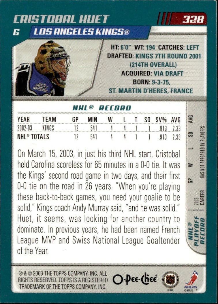 2003-04 O-Pee-Chee - Base #328 Christobal Huet - Los Angeles Kings - B