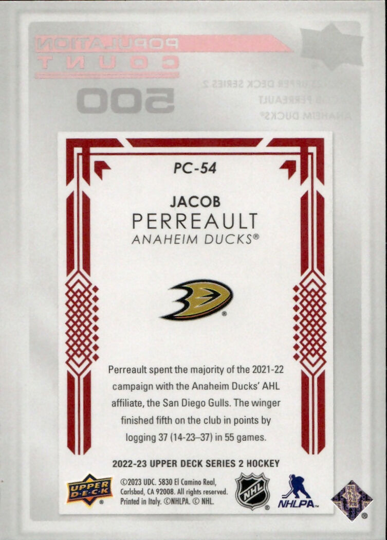 2022-23 Upper Deck Series 2 Hockey - Population Count - 500 #PC-54 Jacob Perreault - Anaheim Ducks - B