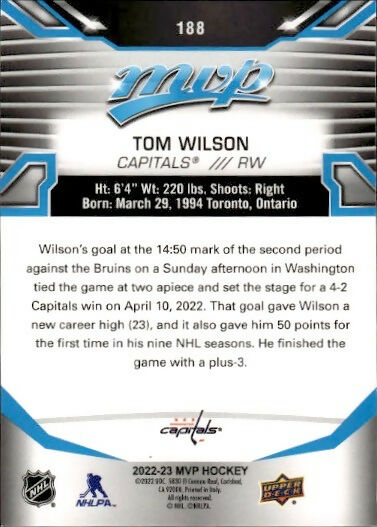 2022-23 Upper Deck MVP Hockey - Base #188 Tom Wilson - Washington Capitals