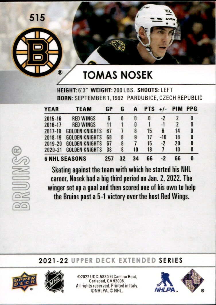 2021-22 Upper Deck Extended Series Hockey - Base #515 Tomas Nosek - Boston Bruins - B