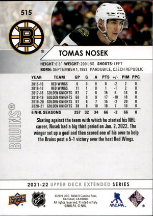 2021-22 Upper Deck Extended Series Hockey - Base #515 Tomas Nosek - Boston Bruins - B