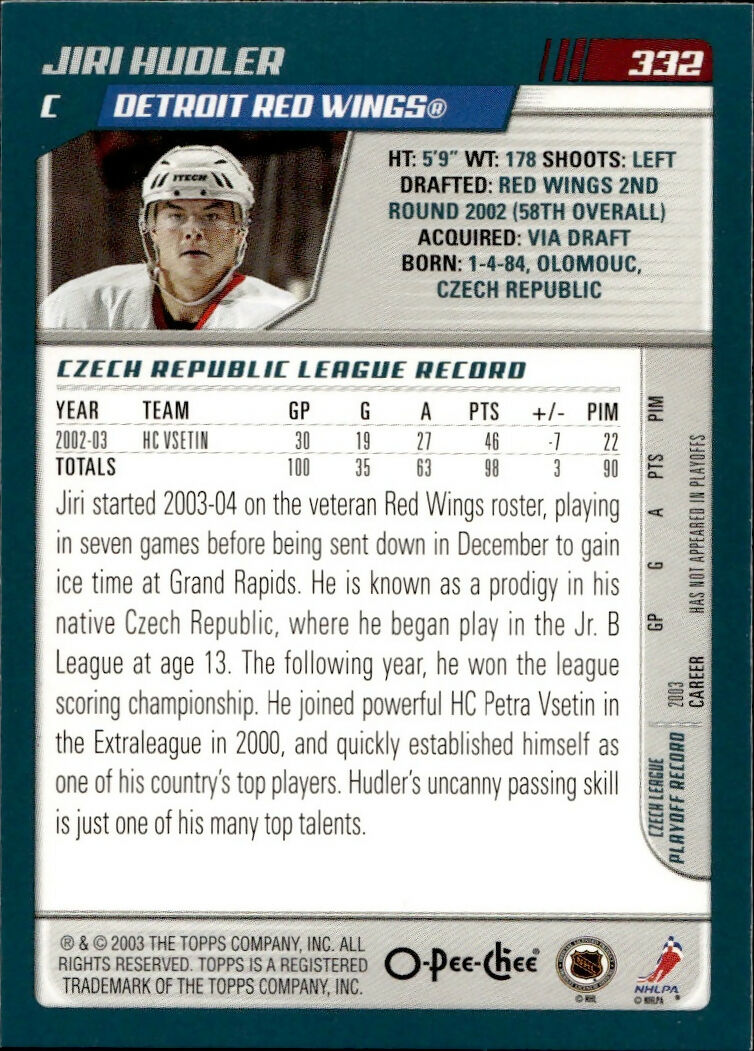 2003-04 O-Pee-Chee - Base #332 Jiri Hudler - Detroit Red Wings - B
