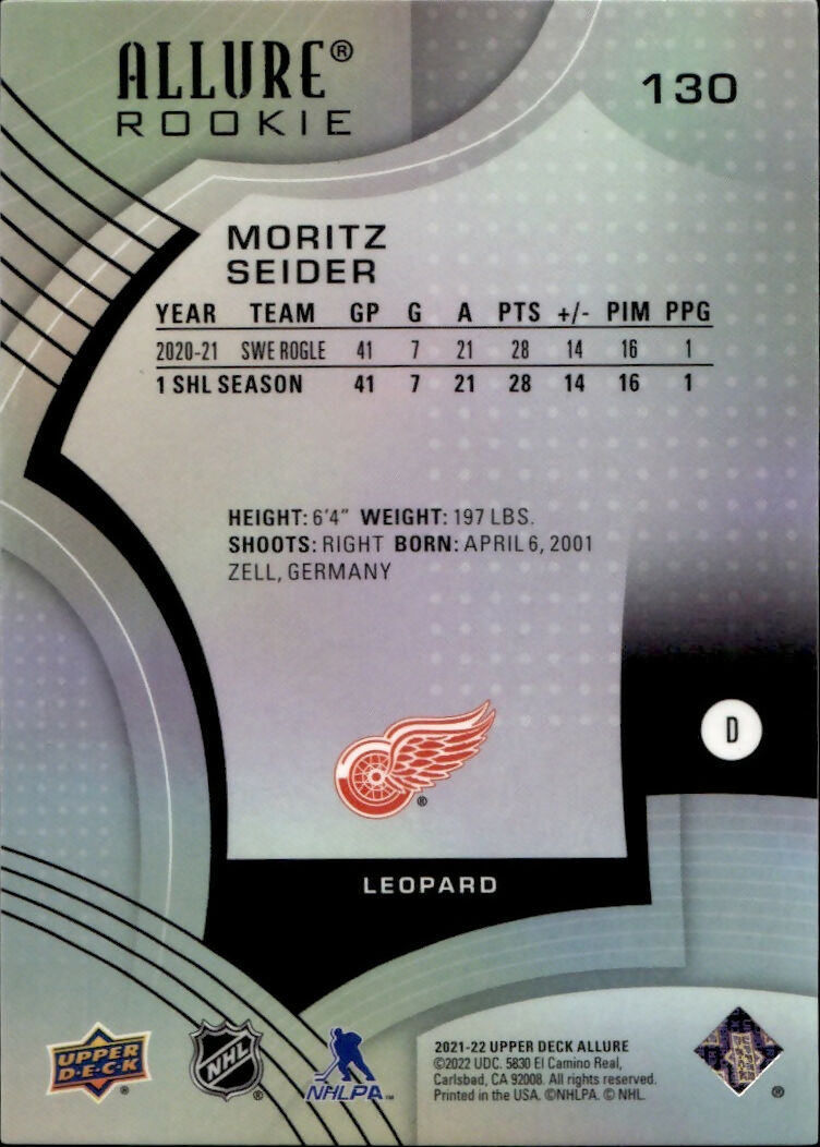 2021-22 Upper Deck Allure Hockey - Base - Rookie - Leopard #130 Moritz Seider - Detroit Red Wings - B