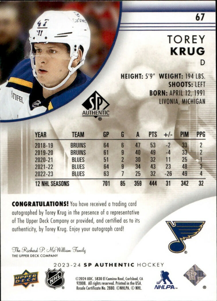 2023-24 Upper Deck SP Authentic Hockey - Base - Limited Auto - Black #67 Tory Krug - St. Louis Blues - B