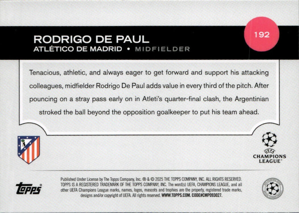 2024-25 Topps UEFA Club Competitions - Base #192 Rodrigo De Paul - Atletico De Madrid - B