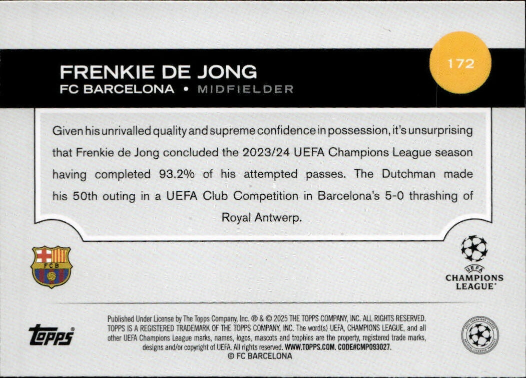 2024-25 Topps UEFA Club Competitions - Base #172 Frenkie De Jong - FC Barcelona - B